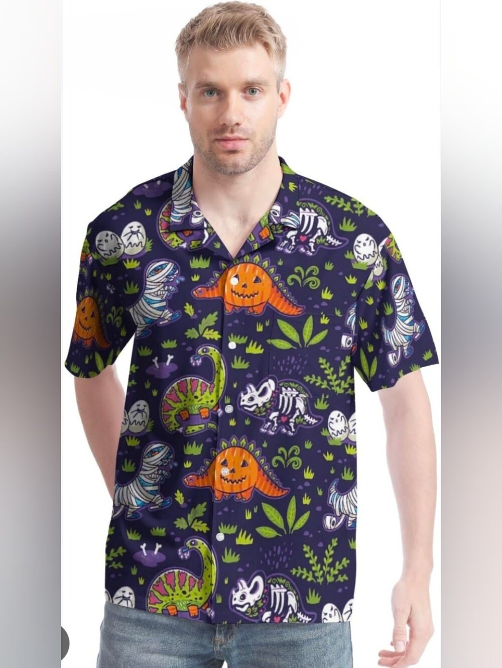 Halloween Men’s Button Down Hawaiian Shirt Size Large Dinosaurs New